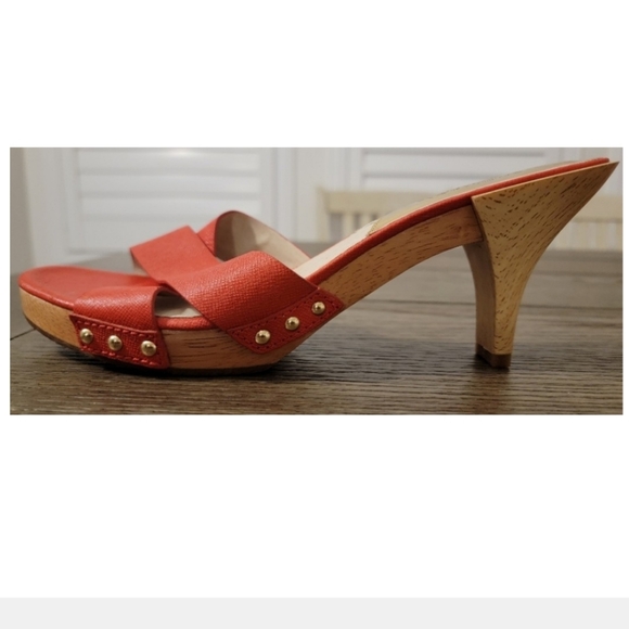 Michael Kors Saffiano Leather Slide Sandles Wood Heel Orange Size 9.5 - Picture 7 of 13